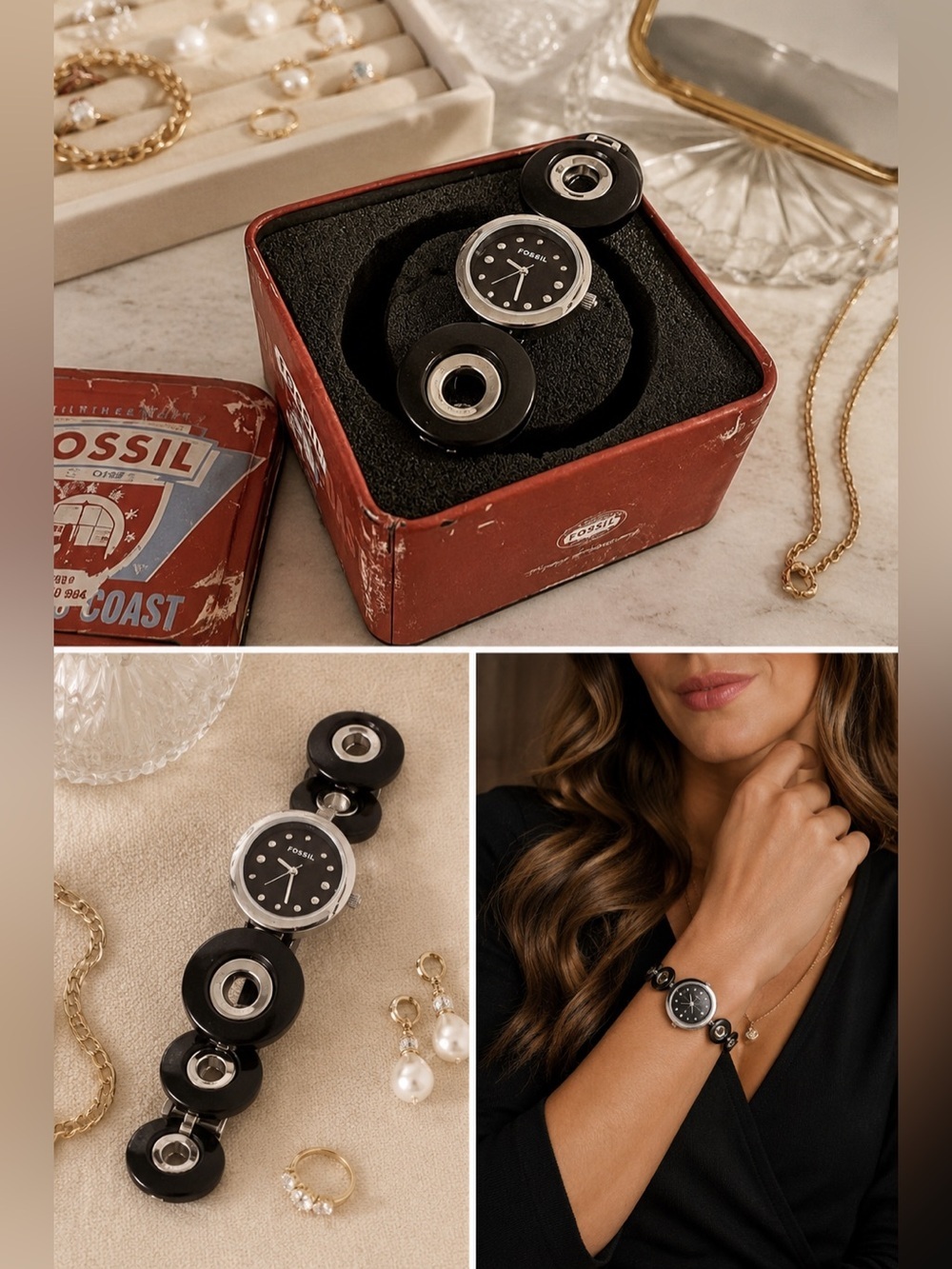 Fossil F2 ES 1986 Women’s Watch | Silver-Tone Circle Black Wood Bracelet - Picture 1 of 4